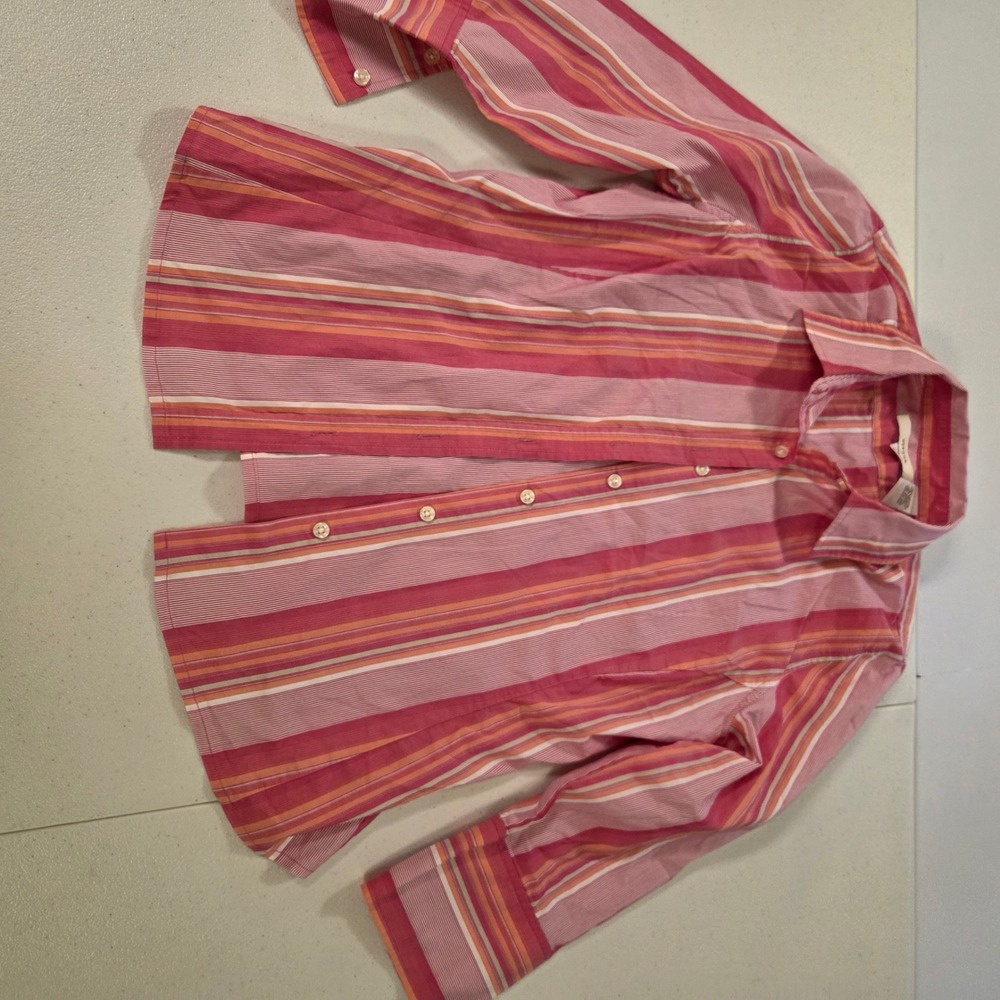 Merona Womens Small Pink Orange Striped Button Down Long Sleeve Blouse Shirt